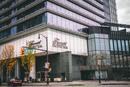 Vancouver, Canada - November 20, 2021: A luxury hotel "Fairmont Pacific Rim" in downtown Vancouver near Canada Placeのeditorial素材