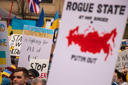 Vancouver, Canada - February 26,2022: View of sign Ukraine is fighting for all of US during the rally against invasion of Ukraine in front of Vancouver Art Galleryのeditorial素材
