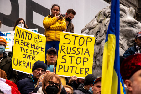 Vancouver, Canada - February 26,2022: View of sign Stop Russia during the rally against invasion of Ukraine in front of Vancouver Art Galleryのeditorial素材