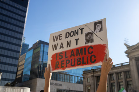 Vancouver, Canada - September 25,2022: View of sign We dont want Islamic Republic during the Huge rally in support of Iranian protests(due to Mahsa Amini death) in front of Vancouver Art Galleryのeditorial素材
