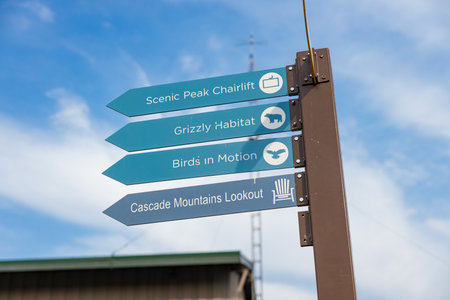 View of a directional sign atop Grouse Mountain indicating paths to the Peak Chairlift, Grizzly...