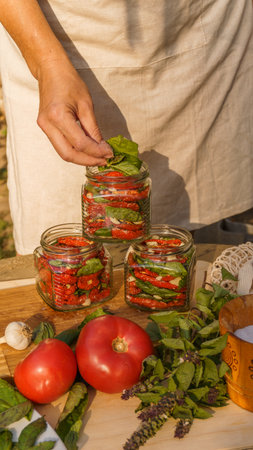 a woman makes preparations for the winter: dried tomatoes, chopped garlic and fresh basil are put into sterile jars to fill them with olive oil. harvestの写真素材