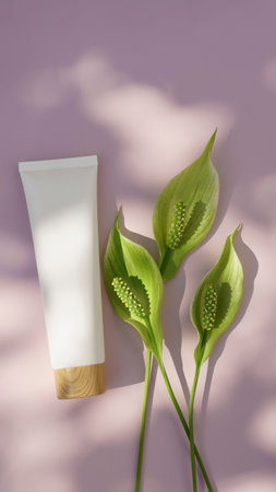 mock-up cosmetics for designers. a white bottle for cosmetics lies on a light lilac background, surrounded by spathiphyllum lily flowers in sun glare and shadows from leaves and brの写真素材