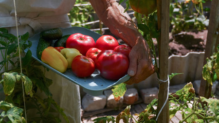 an elderly woman harvests a tomato crop in the backyard in the home garden. close-up hands, concept...