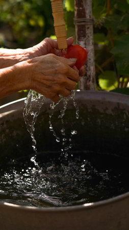 an elderly woman washes a tomato crop in her hands in the backyard in the home garden. close-up hands, water drops, concept of organic farming, home vegetable garden, clean food anの写真素材