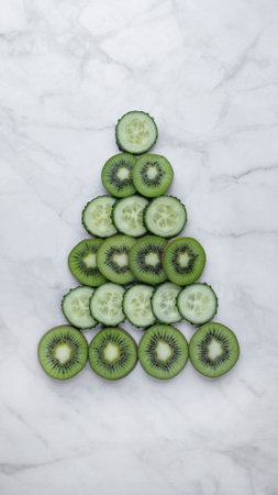 Christmas tree of kiwi and cucumber on a light background. close-up, festive interactive serving, Christmas tree of food, table servingの写真素材