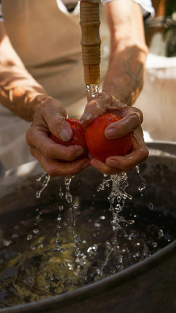 an elderly woman washes a tomato crop in her hands in the backyard in the home garden. close-up hands, water drops, concept of organic farming, home vegetable garden, clean food anの写真素材
