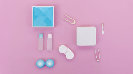 lenses, a container for lenses, tweezers and a small mirror lie on a pink background. contact lens toolsの写真素材