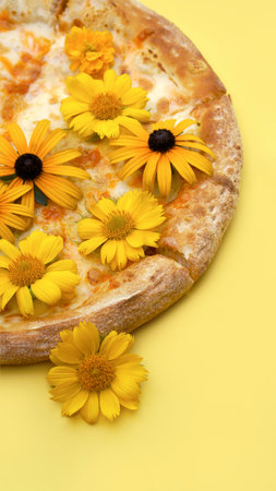 pizza with flowers in yellow background close-upの写真素材