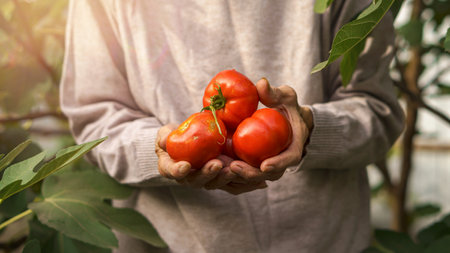 woman holds a tomato harvest in hand im back yardの写真素材