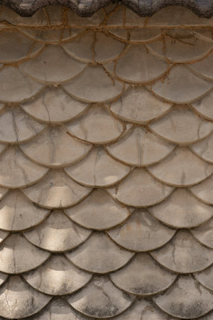 Close-up shot of a wall designed to resemble fish scales. Concrete texture mimicking the scales of a fish. Perfect as a photo backdrop, great for designers to incorporate into their projects.の写真素材