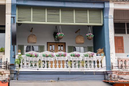 A close-up of brightly painted balcony with plantsのeditorial素材