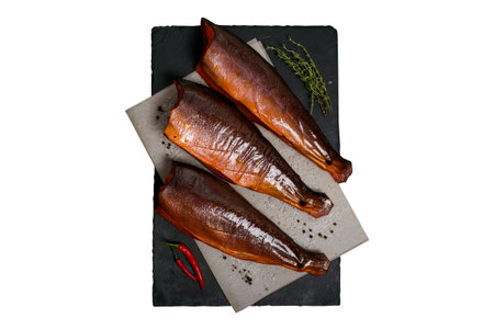 cold smoked chum salmon on a white background close-up. smoked chum salmon, seafood, fish, materials for designer, isolateの写真素材