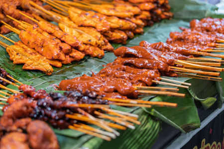 thailand night market - different meat dishes displayed for buyersのeditorial素材