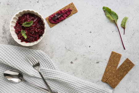 Delicious Vibrant Beetroot Dip Accompanied by Crisp Bread Fresh Seasonal Greens