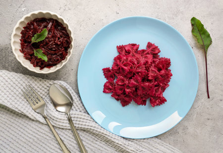 Homemade beetroot pasta serving home cookの写真素材