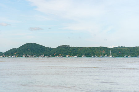 Experience the breathtaking and scenic coastal view showcasing boats sailing and rolling hills