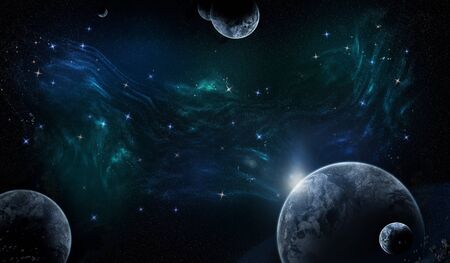 abstract nebula, colored fog and planets in space