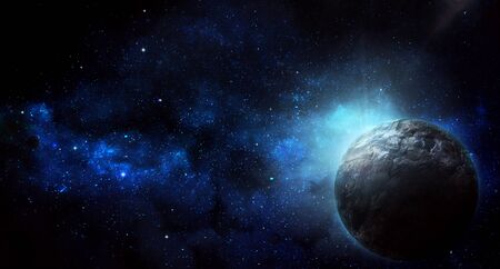 bright blue radiance of stars in space and planet, abstract space 3d illustration