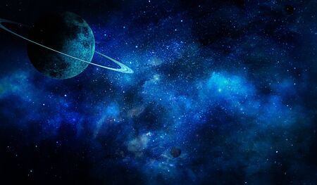 abstract space illustration, saturn in the shining of stars in blue tones