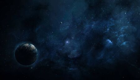 abstract space illustration, 3d image, dark planet in space and the shining of stars in the nebula,...