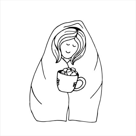 vector isolated element in doodle style, girl with a mug of cocoa in her hands, wrapped in a blanket, coloring bookのイラスト素材