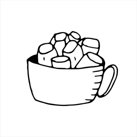 vector isolated element in doodle style, cocoa mug with marshmallows, coloring bookのイラスト素材