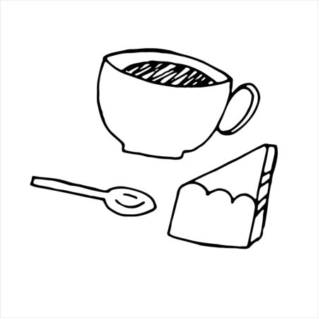 vector isolated element in doodle style, tea party with cake, coloring bookのイラスト素材