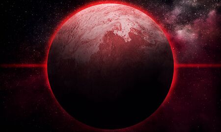 abstract space 3d illustration, red planet and shooting stars, backgroundの写真素材