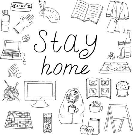 vector set of isolated doodle elements, stay at home, do something at home in self-isolation during quarantine, coloring bookのイラスト素材