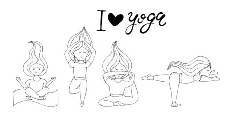 set of vector illustrations, doodle coloring book, yoga poses, asanas, girl in trainingのイラスト素材