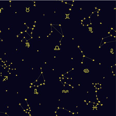 vector seamless pattern, zodiac signs on a blue background, constellation and date, horoscope