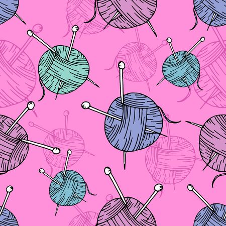 vector seamless pattern in doodle style, ball of yarn for knitting and knitting needles on a pink backgroundのイラスト素材