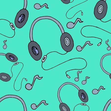 Vector seamless pattern in doodle style, headphones with music on a blue background.のイラスト素材