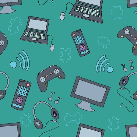 vector seamless pattern in doodle style, computer toys, joystick, laptop, wi-fi on a blue backgroundのイラスト素材