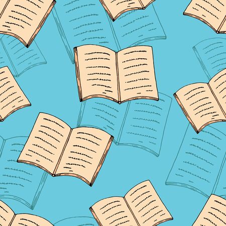 vector seamless pattern in doodle style, paper books on blue backgroundのイラスト素材