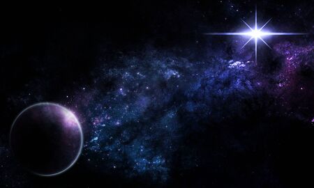 abstract space illustration, 3d image, 3d rendering, background image, a stone planet in space among...