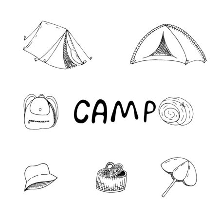 vector set of hand-drawn elements in doodle style, picnic, camping, tent, campのイラスト素材