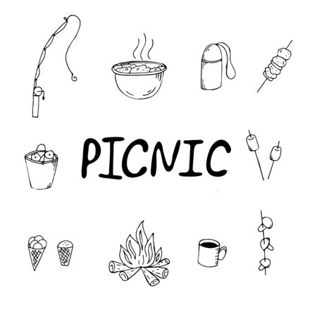 vector set of hand-drawn elements in doodle style, picnic, fishing, bucket catch, barbecue, food on a fireのイラスト素材