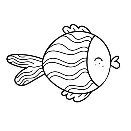 vector element, black and white drawing of a marine inhabitant doodle, cute little fish, coloring bookのイラスト素材
