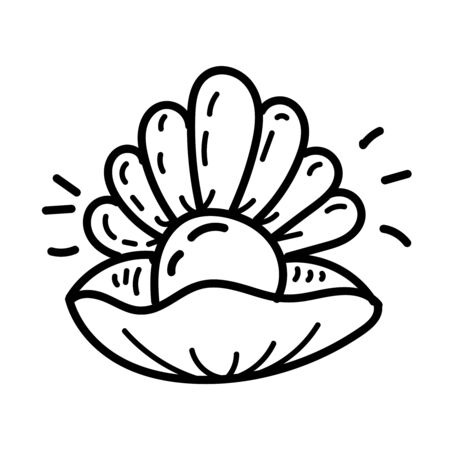 vector element, black and white drawing of a marine inhabitant, doodle coloring, shell with a pearlのイラスト素材