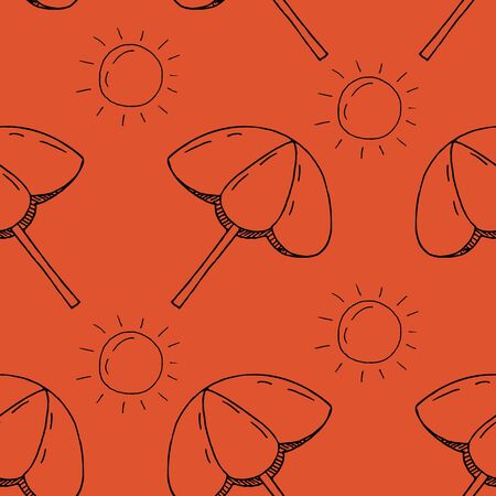 hand-drawn vector seamless pattern, beach umbrellas and sun on an orange backgroundのイラスト素材