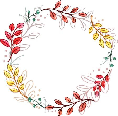 vector round wreath, twigs and leaves with watercolor hand-drawn colored paints with bright contourのイラスト素材