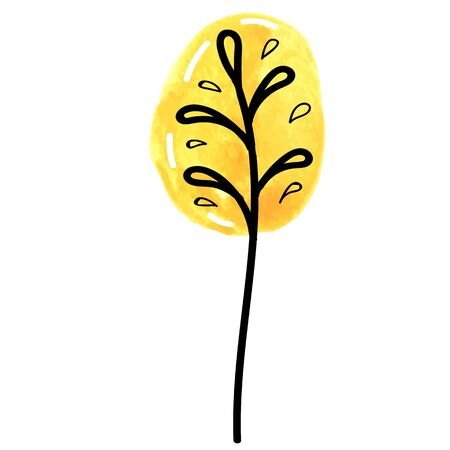 vector element, cute watercolor abstract round yellow flower with black outline in scandinavian style, botanical elementのイラスト素材