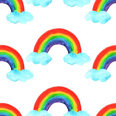 colored rainbow in watercolor, child's drawing on a white background, multi-colored arc with clouds, seamless patternの写真素材
