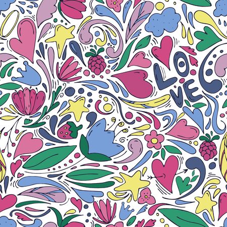 cute cartoon doodles of different shapes and colors for the girl, vector seamless pattern of flowers, stars, abstract drops in cartoon style on a white backgroundのイラスト素材