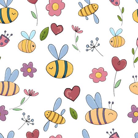 vector seamless pattern, funny bees and flowers without backgroundのイラスト素材