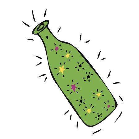magic bottle with luminous stars inside, magic and sorcery, vector decorative element for halloween celebration in doodle style, color illustrationのイラスト素材