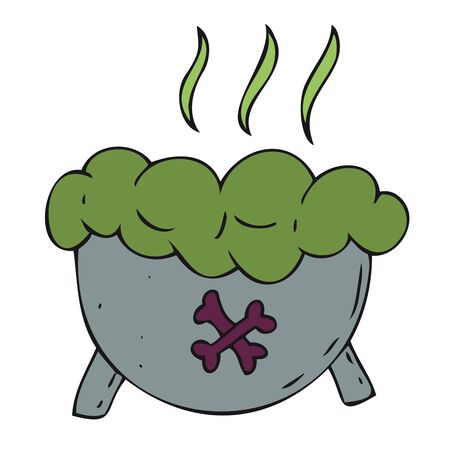scary dangerous witch s cauldron, brewed potion, poison, witchcraft, vector decorative element for halloween celebration in doodle style, color illustrationのイラスト素材