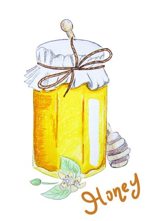 illustration with felt-tip pens by hand, a can of linden honeyの写真素材